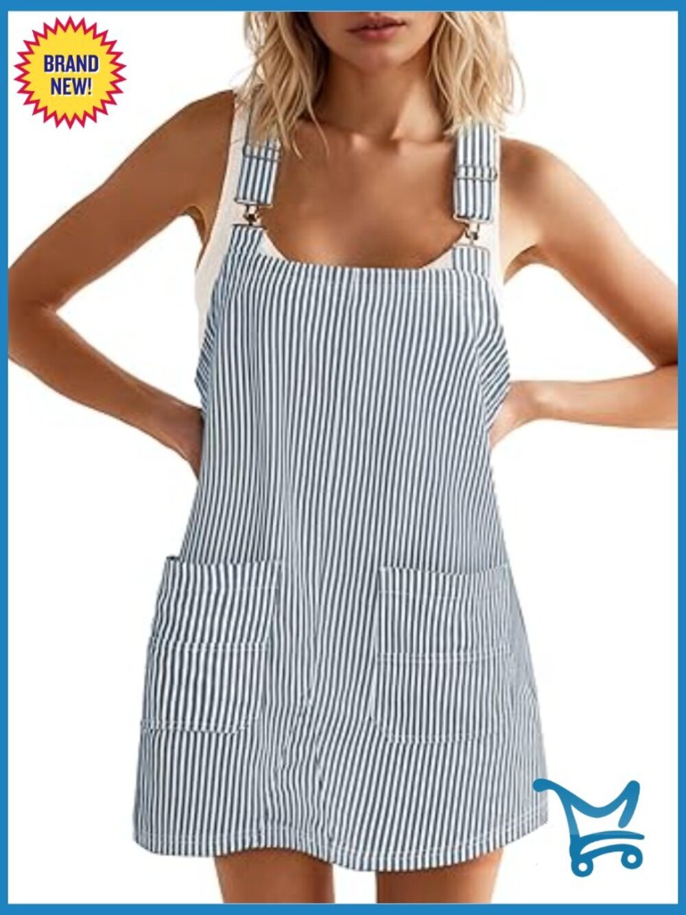 Striped Denim Overall Romper with Pockets Adjustable Straps Sleeveless